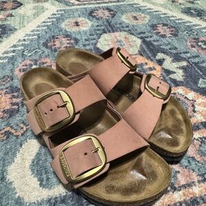 Birkenstock Blush Sandals with Metallic Buckles